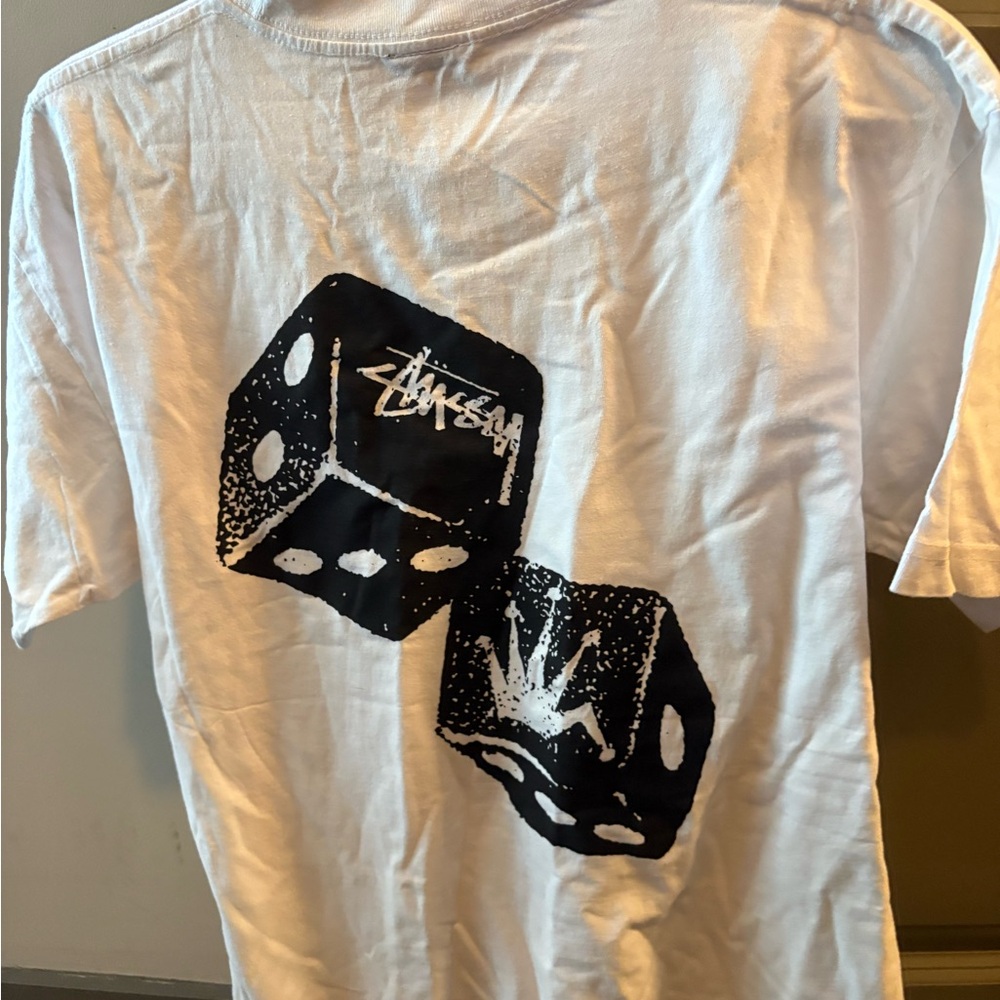 Stussy White Tee with Black Dice Design